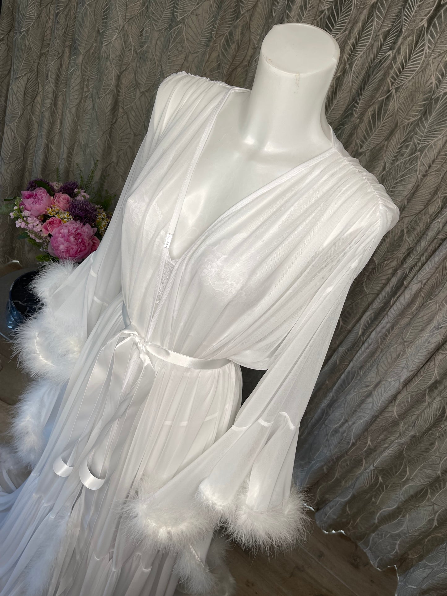 Long White Mesh Bridal Vintage Hollywood Inspired Feather Robe