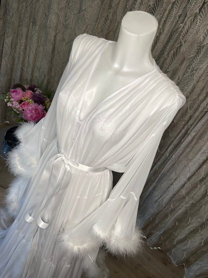 Long White Mesh Bridal Vintage Hollywood Inspired Feather Robe