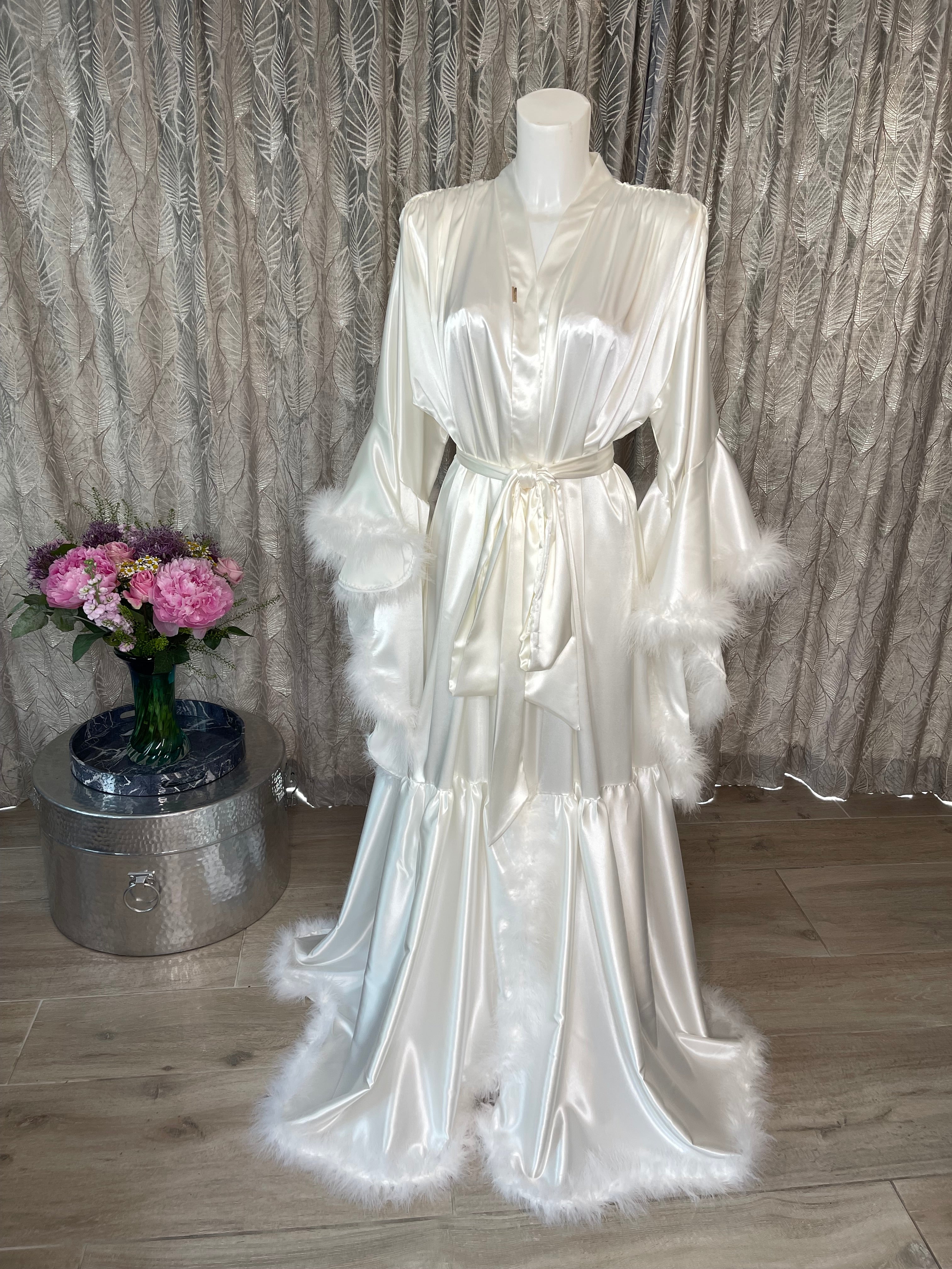 Long Ivory Bridal Vintage Hollywood Inspired Feather Robe – Lucy Amber ...