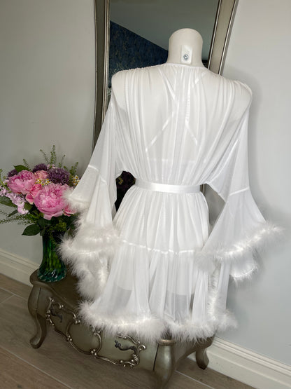Short White Mesh Bridal Vintage Hollywood Inspired Feather Robe