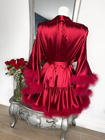 Crimson Red Short Hollywood Vintage Style Feather Robe