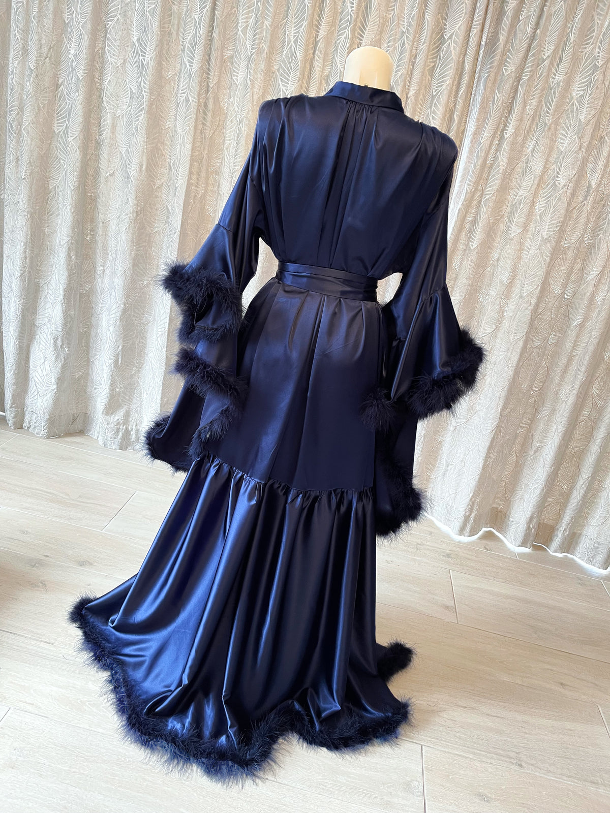 Feather Robe Blue Long Midnight Navy Vintage Hollywood Inspired Feather Robe – Lucy Amber ...