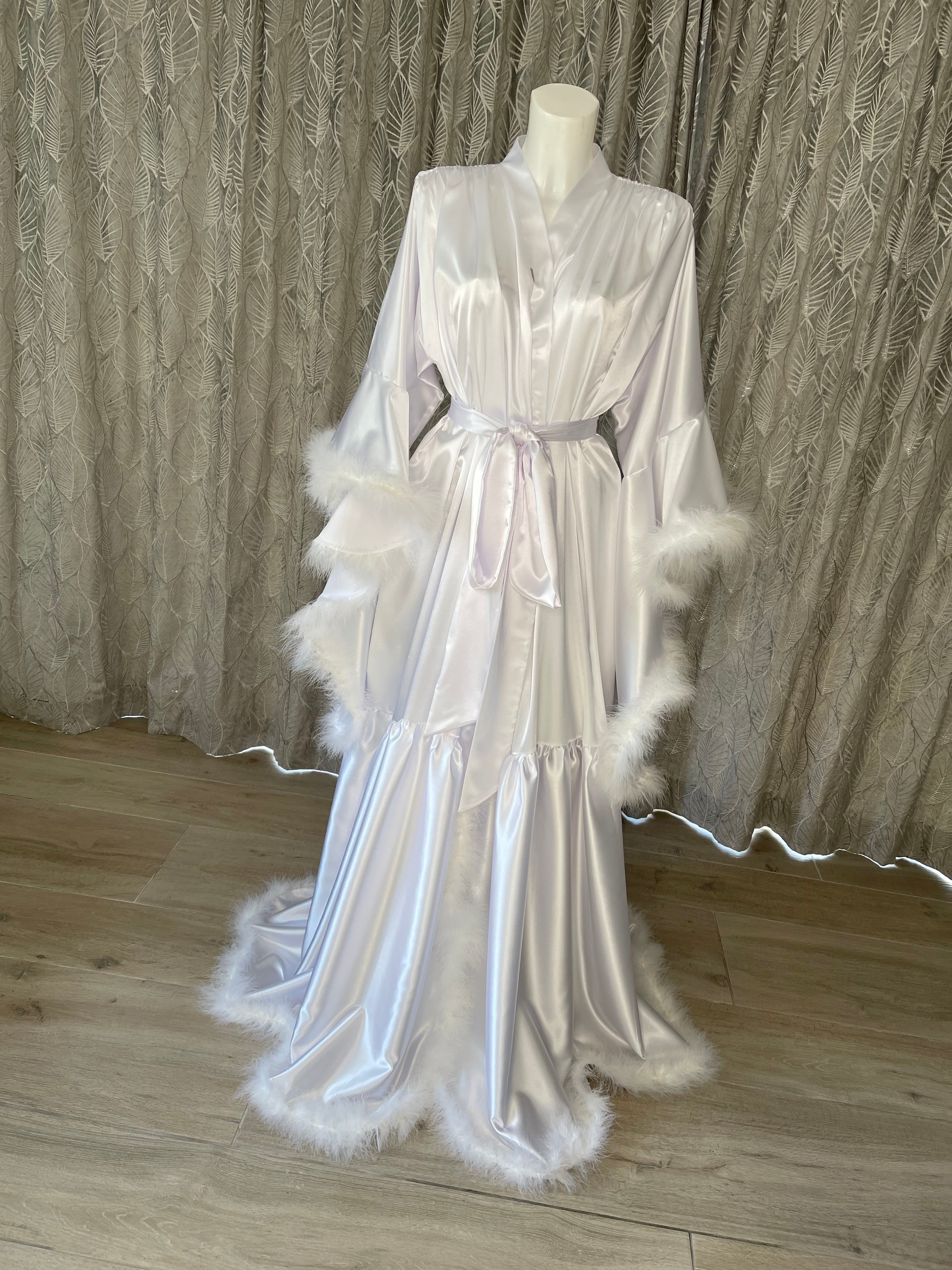 Long White Bridal Vintage Hollywood Inspired Feather Robe – Lucy Amber ...