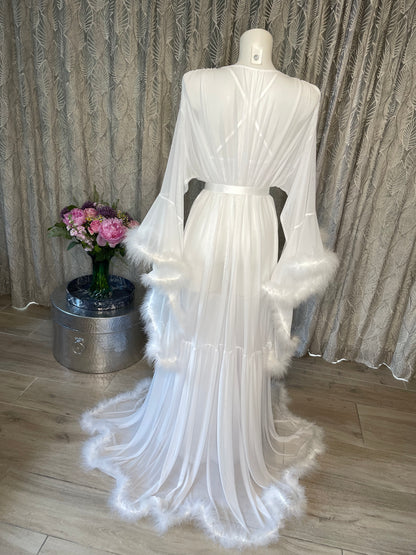 Long White Mesh Bridal Vintage Hollywood Inspired Feather Robe
