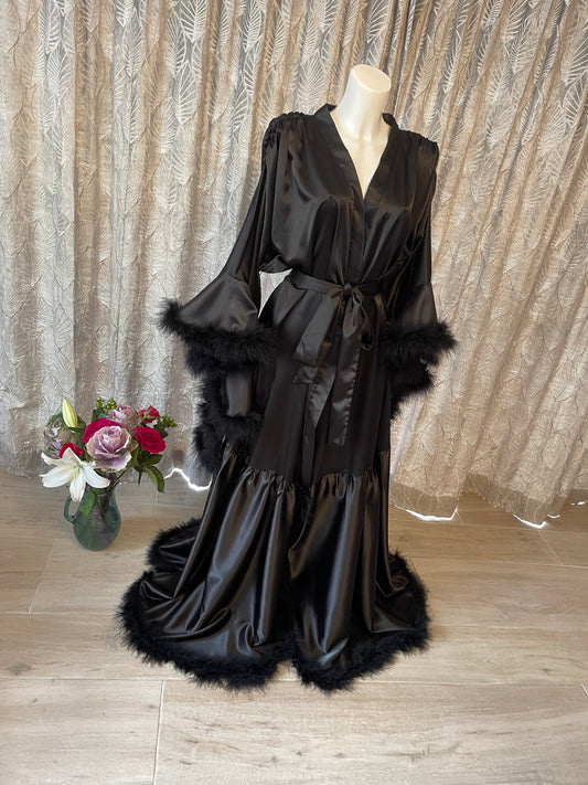 Long Black Eden Vintage Hollywood Inspired Feather Robe